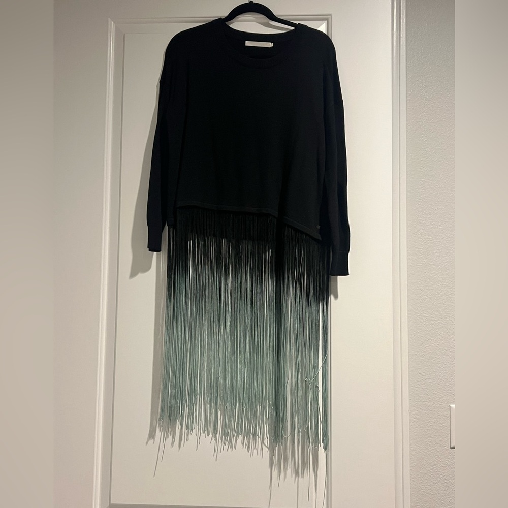 Elegant Black and Green Fringe Sweater